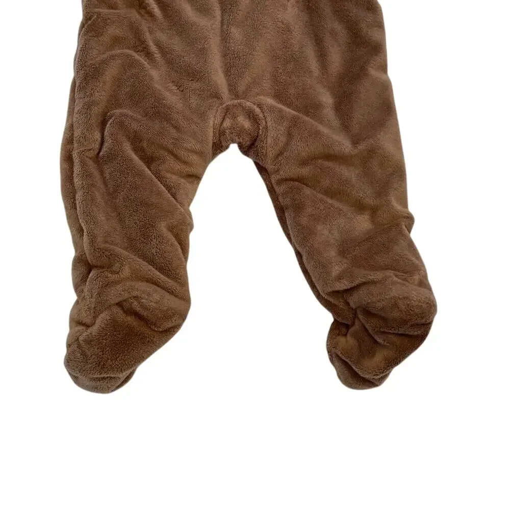 Unisex Brown Bear Fleece Outerwear, Bunting, One-Piece, Hooded Romper 6-9 Mos.